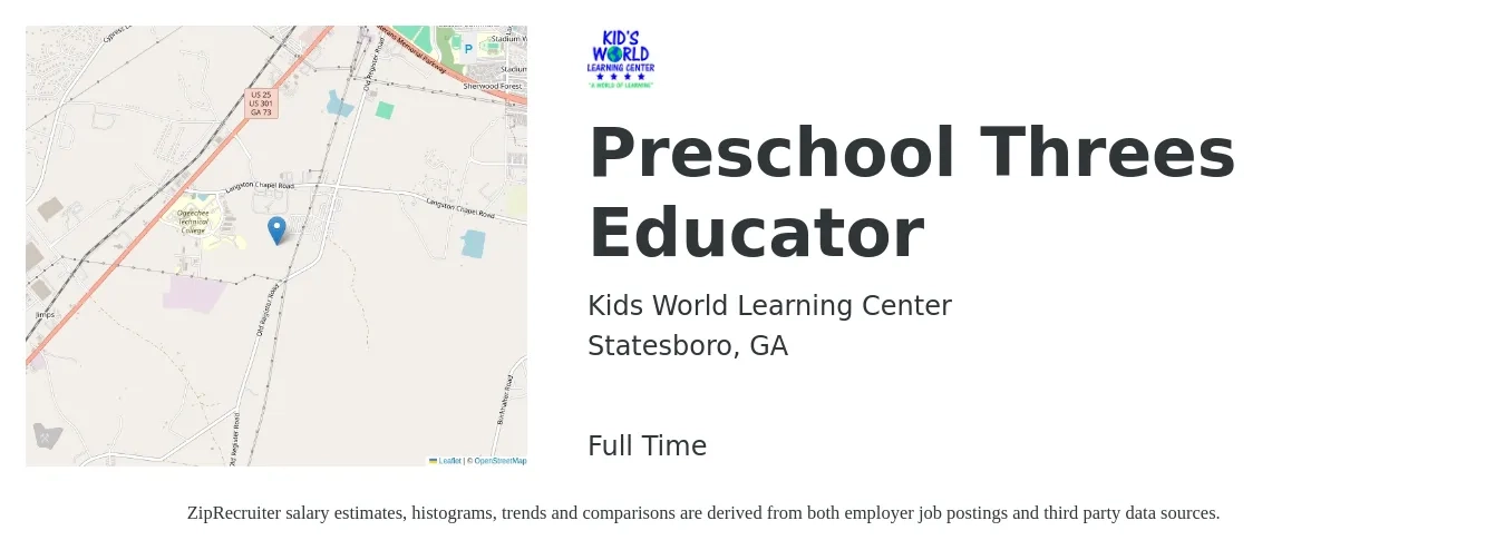 Kids World Learning Center job posting for a Preschool Threes Educator in Statesboro, GA with a salary of $15,000 to $30,000 Yearly with a map of Statesboro location.