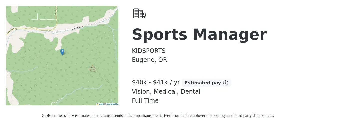 KIDSPORTS job posting for a Sports Manager in Eugene, OR with a salary of $40,000 to $41,000 Yearly and benefits including pto, retirement, vision, dental, life_insurance, and medical with a map of Eugene location.