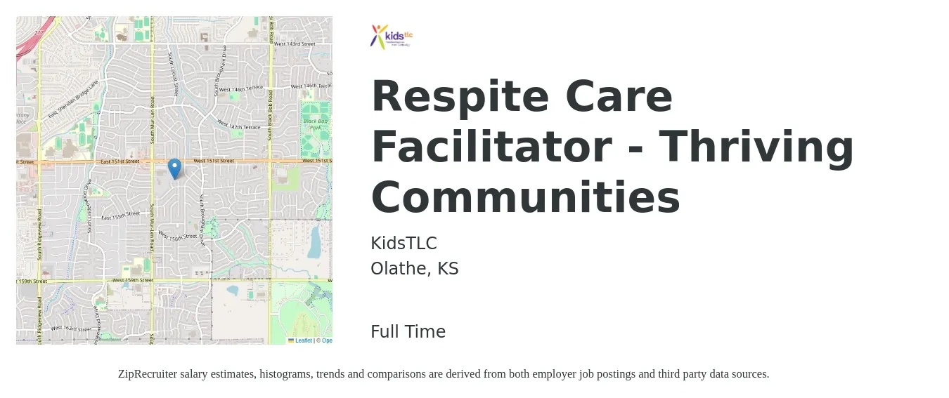 KidsTLC job posting for a Respite Care Facilitator - Thriving Communities in Olathe, KS with a salary of $17 to $19 Hourly with a map of Olathe location.