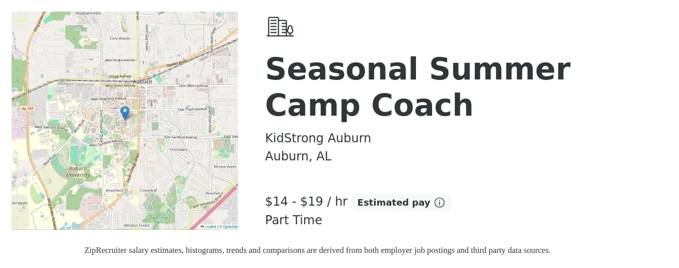 KidStrong Auburn job posting for a Seasonal Summer Camp Coach in Auburn, AL with a salary of $15 to $20 Hourly with a map of Auburn location.