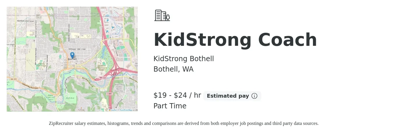 KidStrong Bothell job posting for a KidStrong Coach in Bothell, WA with a salary of $20 to $25 Hourly with a map of Bothell location.