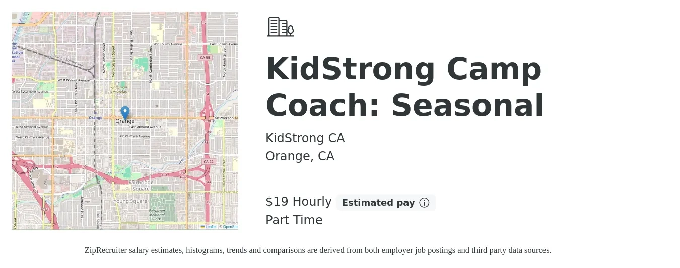 KidStrong CA job posting for a KidStrong Camp Coach: Seasonal in Orange, CA with a salary of $20 Hourly with a map of Orange location.