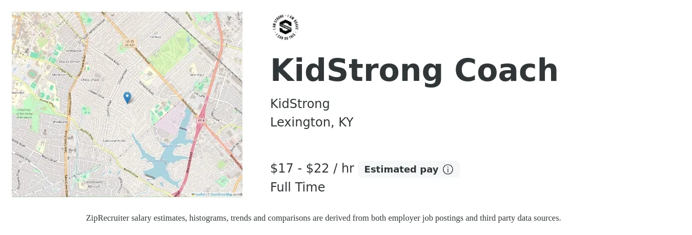 KidStrong job posting for a KidStrong Coach in Lexington, KY with a salary of $18 to $23 Hourly with a map of Lexington location.