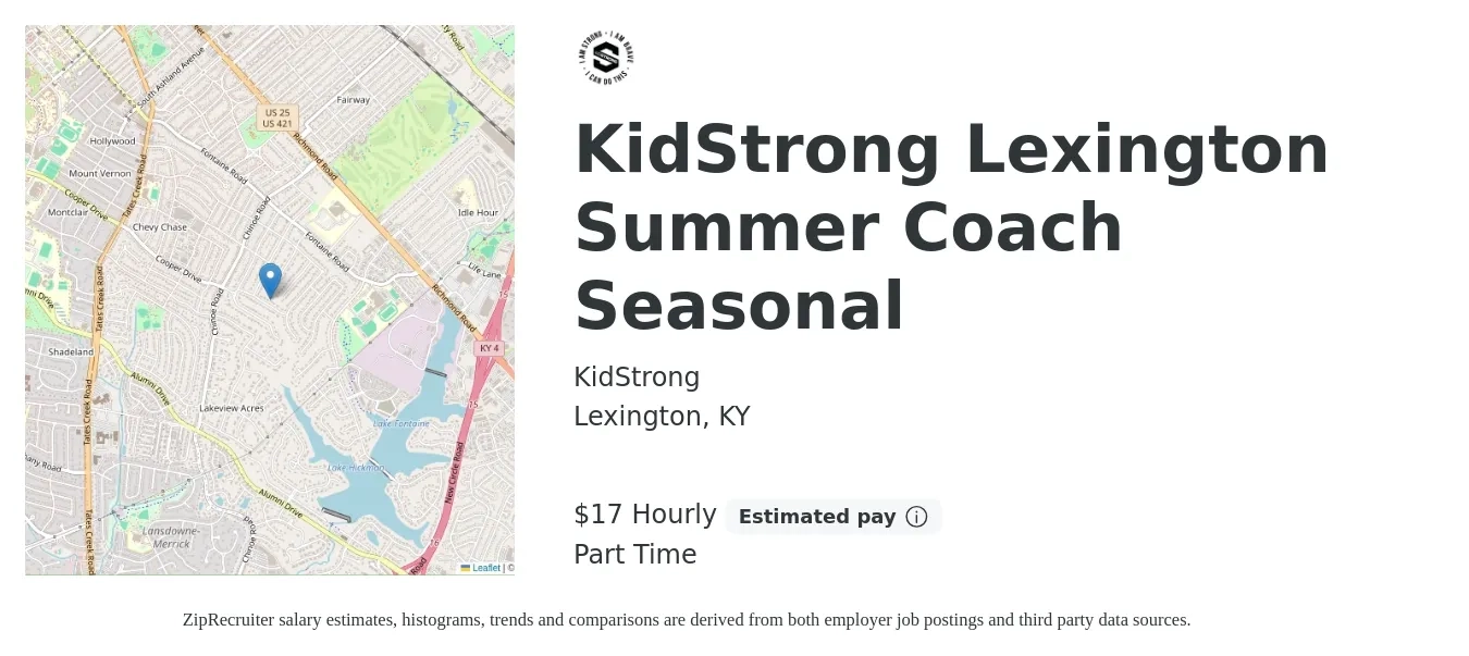 KidStrong job posting for a KidStrong Lexington Summer Coach Seasonal in Lexington, KY with a salary of $18 Hourly with a map of Lexington location.