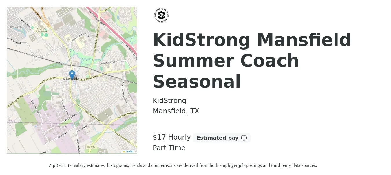 KidStrong job posting for a KidStrong Mansfield Summer Coach Seasonal in Mansfield, TX with a salary of $18 Hourly with a map of Mansfield location.