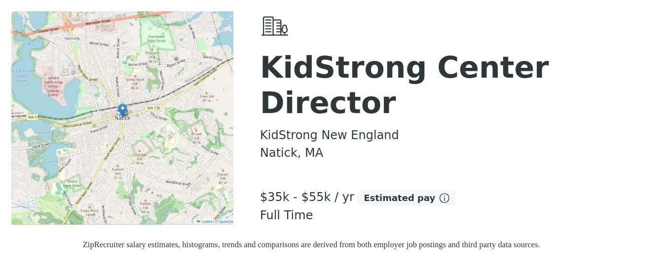 KidStrong New England job posting for a KidStrong Center Director in Natick, MA with a salary of $35,000 to $55,000 Yearly with a map of Natick location.