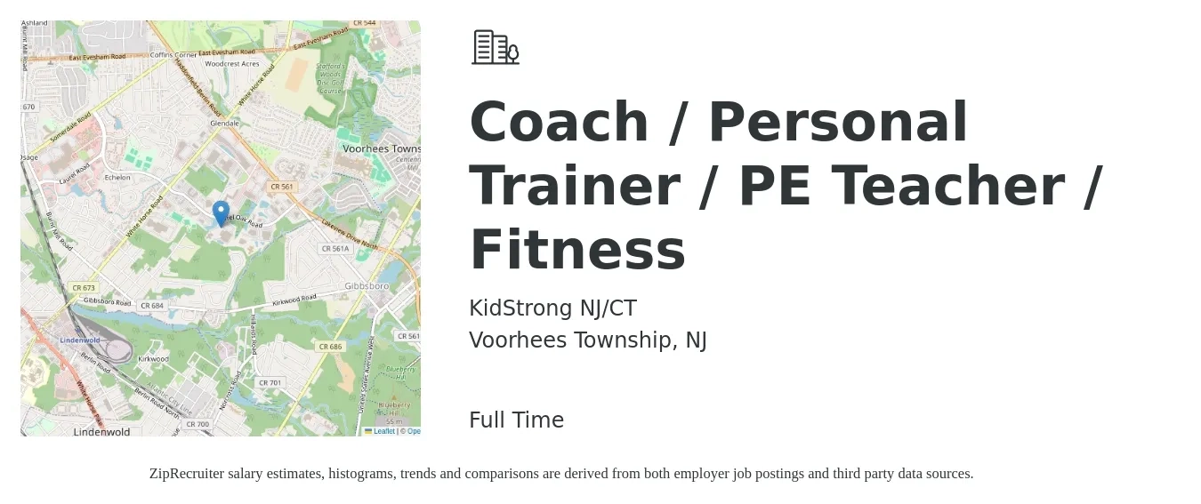 KidStrong NJ/CT job posting for a Coach / Personal Trainer / PE Teacher / Fitness in Voorhees Township, NJ with a salary of $20 to $25 Hourly with a map of Voorhees Township location.