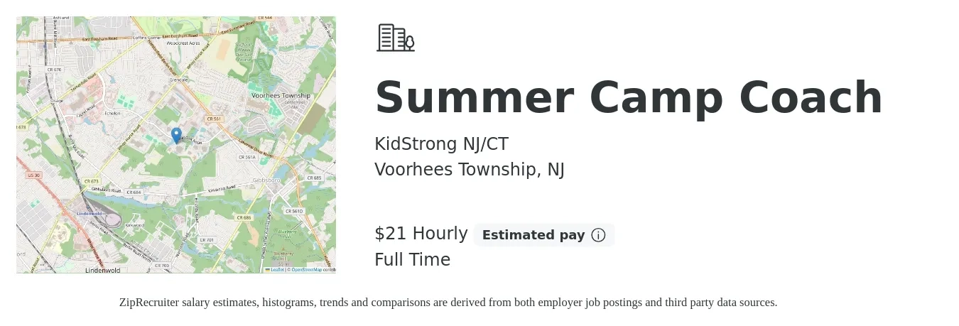 KidStrong NJ/CT job posting for a Summer Camp Coach in Voorhees Township, NJ with a salary of $22 Hourly with a map of Voorhees Township location.