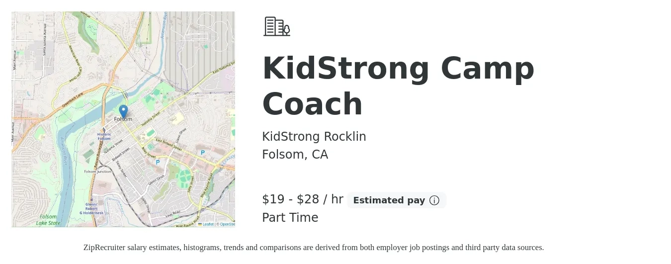 KidStrong Rocklin job posting for a KidStrong Camp Coach in Folsom, CA with a salary of $20 to $30 Hourly with a map of Folsom location.