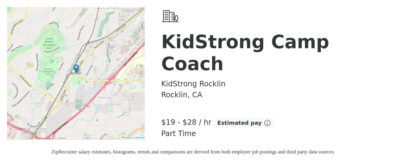 KidStrong Rocklin job posting for a KidStrong Camp Coach in Rocklin, CA with a salary of $20 to $30 Hourly with a map of Rocklin location.
