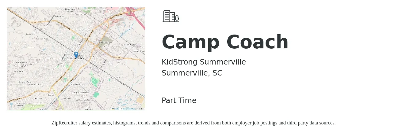 KidStrong Summerville job posting for a Camp Coach in Summerville, SC with a salary of $100 Daily with a map of Summerville location.