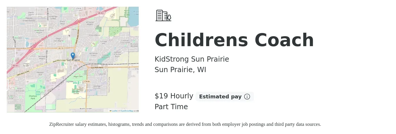 KidStrong Sun Prairie job posting for a Childrens Coach in Sun Prairie, WI with a salary of $20 Hourly with a map of Sun Prairie location.