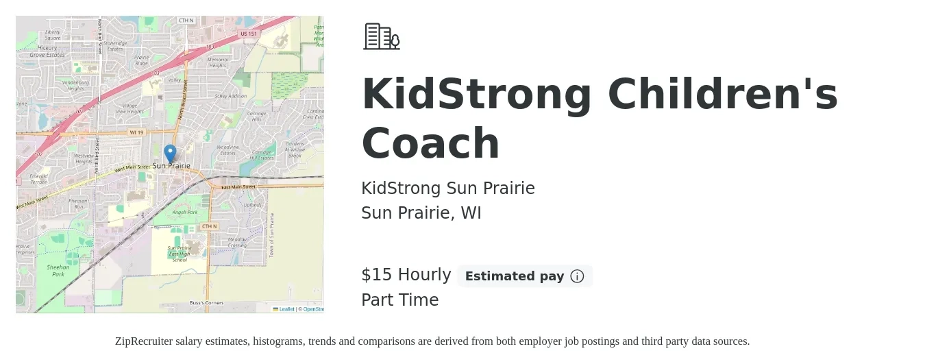 KidStrong Sun Prairie job posting for a KidStrong Children's Coach in Sun Prairie, WI with a salary of $16 Hourly with a map of Sun Prairie location.