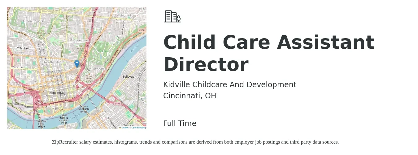 Kidville Childcare And Development job posting for a Child Care Assistant Director in Cincinnati, OH with a salary of $40,300 to $54,700 Yearly with a map of Cincinnati location.