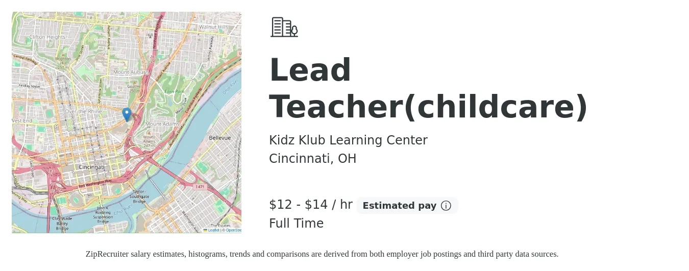 Kidz Klub Learning Center job posting for a Lead Teacher(childcare) in Cincinnati, OH with a salary of $14 to $15 Hourly with a map of Cincinnati location.