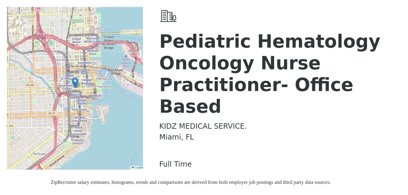 KIDZ MEDICAL SERVICE. job posting for a Pediatric Hematology Oncology Nurse Practitioner- Office Based in Miami, FL with a salary of $99,600 to $154,000 Yearly with a map of Miami location.