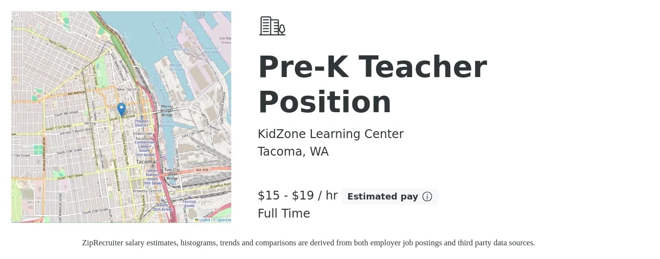 KidZone Learning Center job posting for a Pre-K Teacher Position in Tacoma, WA with a salary of $16 to $20 Hourly with a map of Tacoma location.