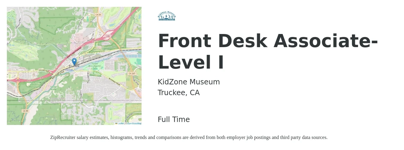 KidZone Museum job posting for a Front Desk Associate- Level I in Truckee, CA with a salary of $17 to $22 Hourly with a map of Truckee location.