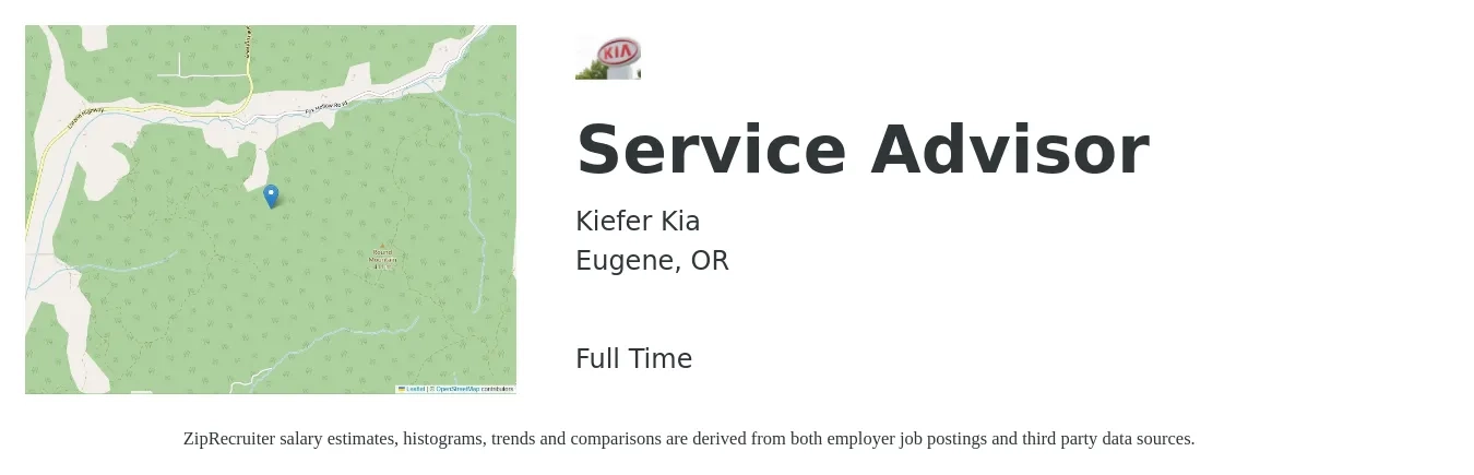 Kiefer Kia job posting for a Service Advisor in Eugene, OR with a salary of $19 to $30 Hourly with a map of Eugene location.