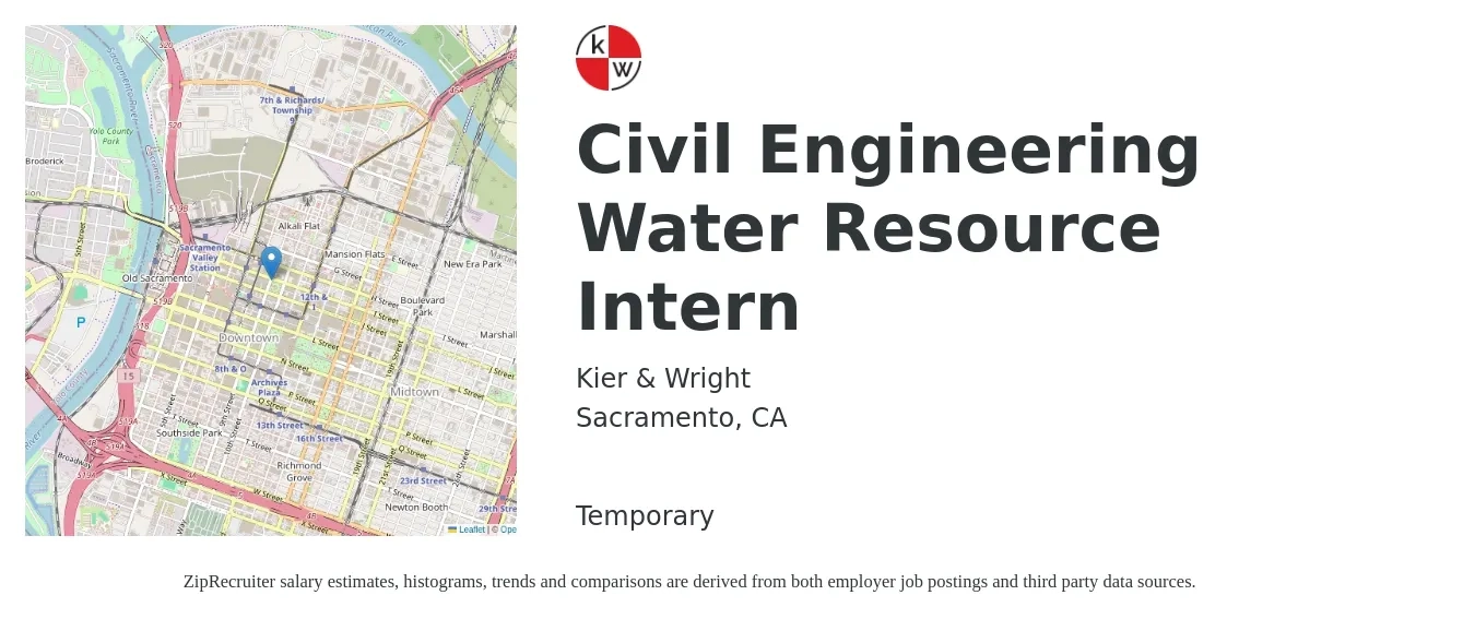 Kier & Wright job posting for a Civil Engineering Water Resource Intern in Sacramento, CA with a salary of $50,000 to $65,000 Yearly with a map of Sacramento location.
