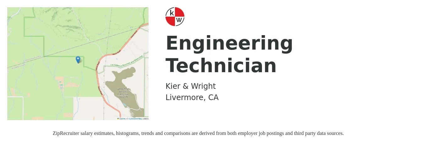 Kier & Wright job posting for a Engineering Technician in Livermore, CA with a salary of $40,000 to $60,000 Yearly with a map of Livermore location.
