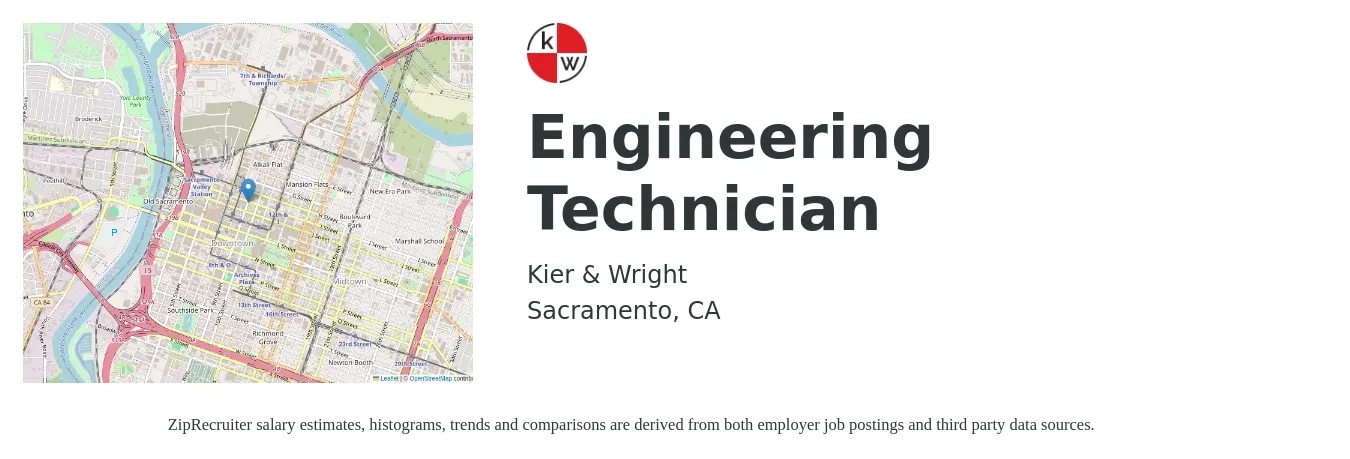Kier & Wright job posting for a Engineering Technician in Sacramento, CA with a salary of $40,000 to $60,000 Yearly with a map of Sacramento location.