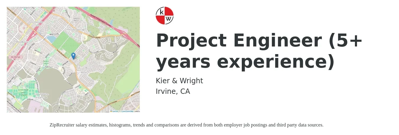 Kier & Wright job posting for a Project Engineer (5+ years experience) in Irvine, CA with a salary of $60,000 to $120,000 Yearly with a map of Irvine location.