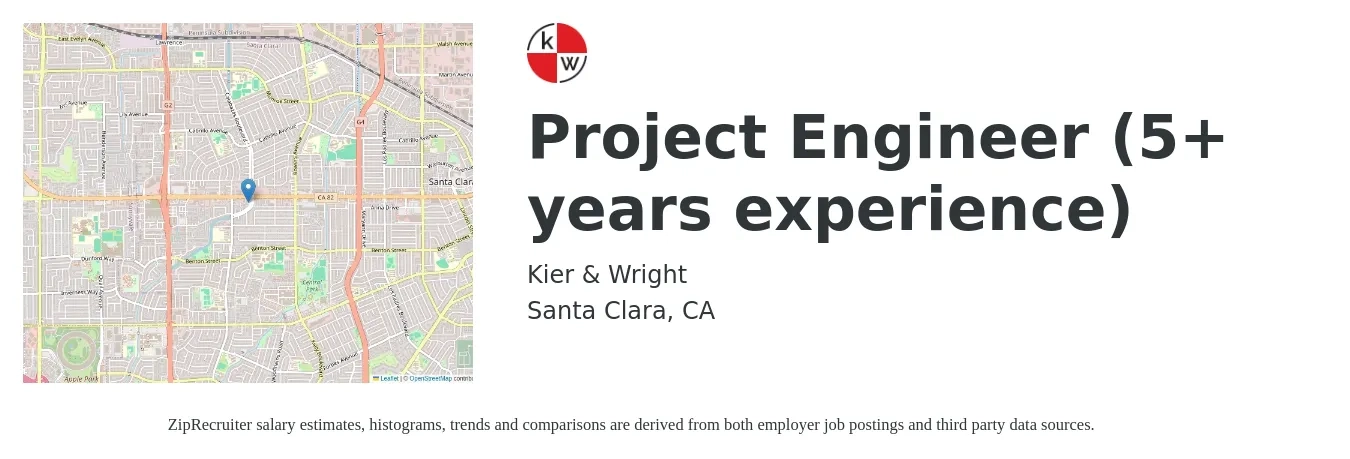Kier & Wright job posting for a Project Engineer (5+ years experience) in Santa Clara, CA with a salary of $60,000 to $120,000 Yearly with a map of Santa Clara location.