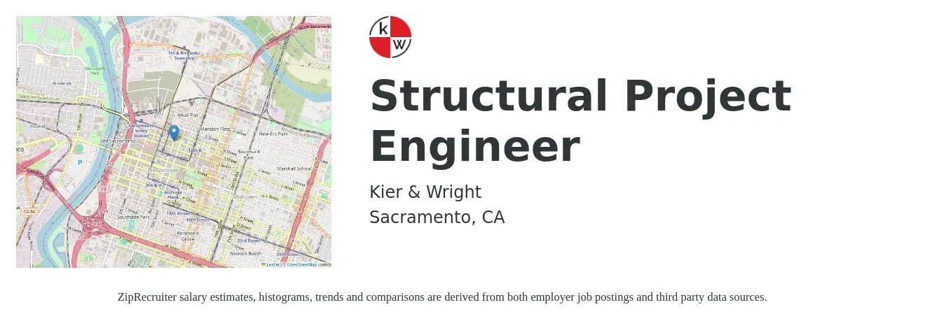Kier & Wright job posting for a Structural Project Engineer in Sacramento, CA with a salary of $55,000 to $95,000 Yearly with a map of Sacramento location.