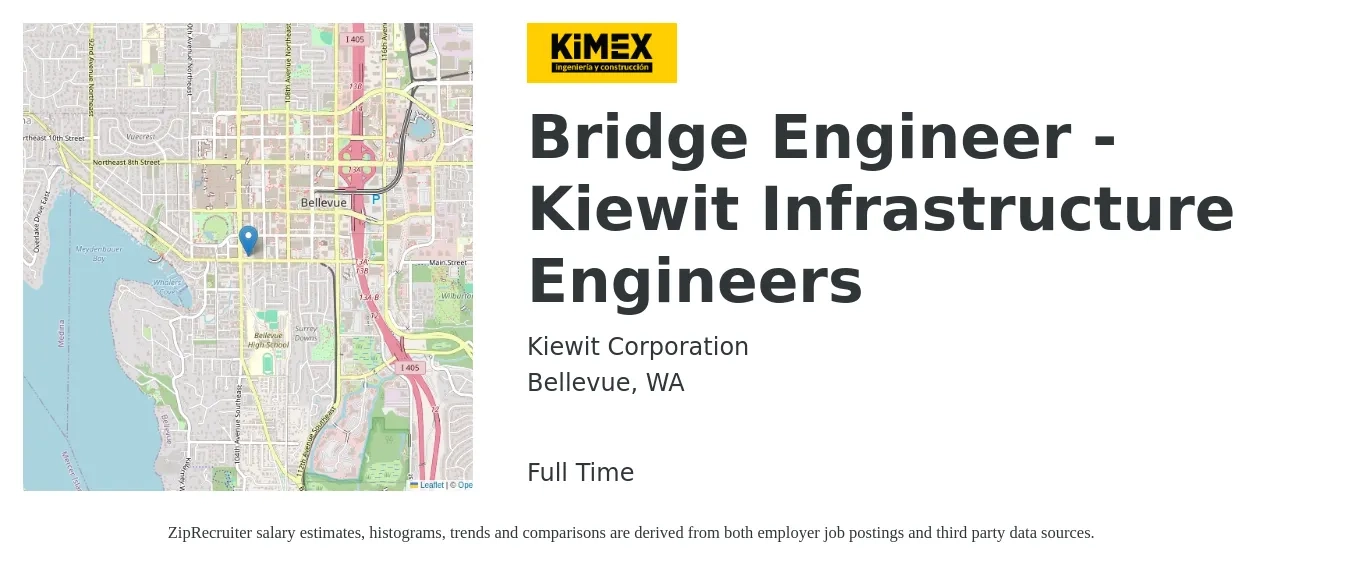 Kiewit Corporation job posting for a Bridge Engineer - Kiewit Infrastructure Engineers in Bellevue, WA with a salary of $121,300 to $159,100 Yearly with a map of Bellevue location.