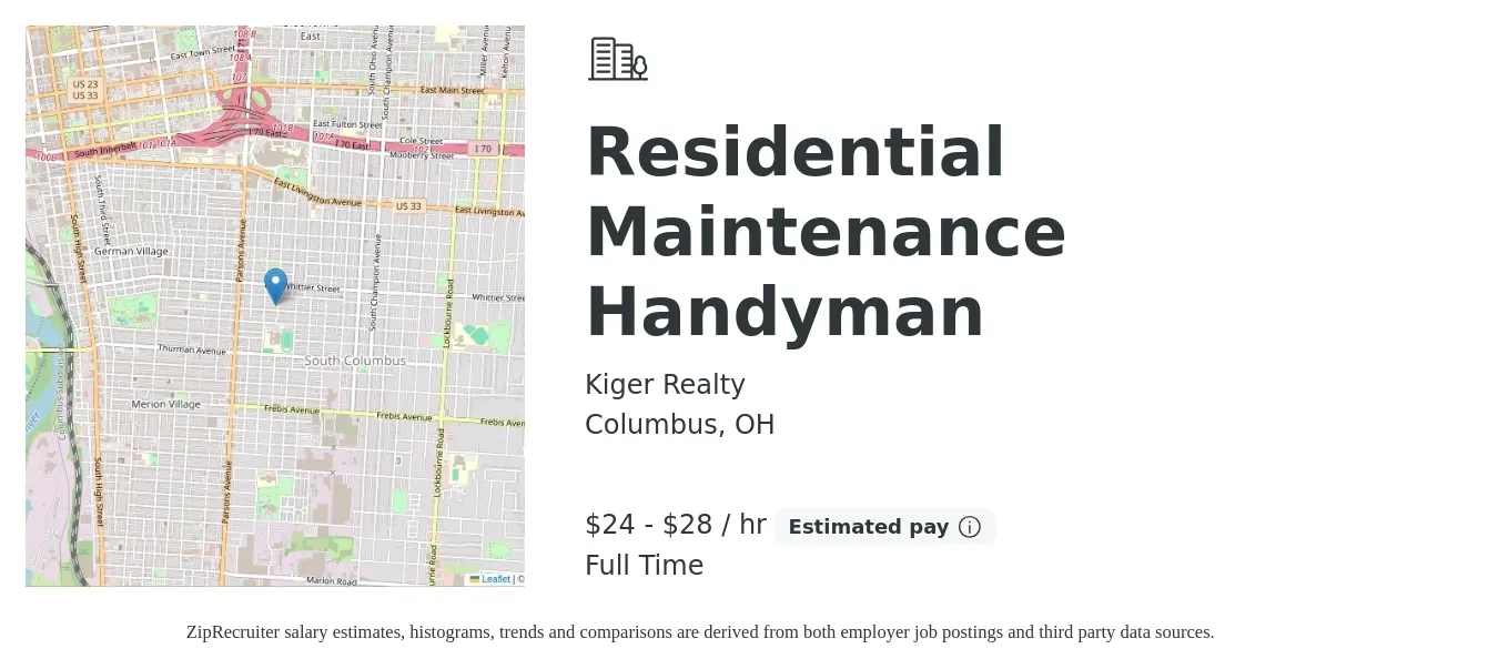 Kiger Realty job posting for a Residential Maintenance Handyman in Columbus, OH with a salary of $25 to $30 Hourly with a map of Columbus location.