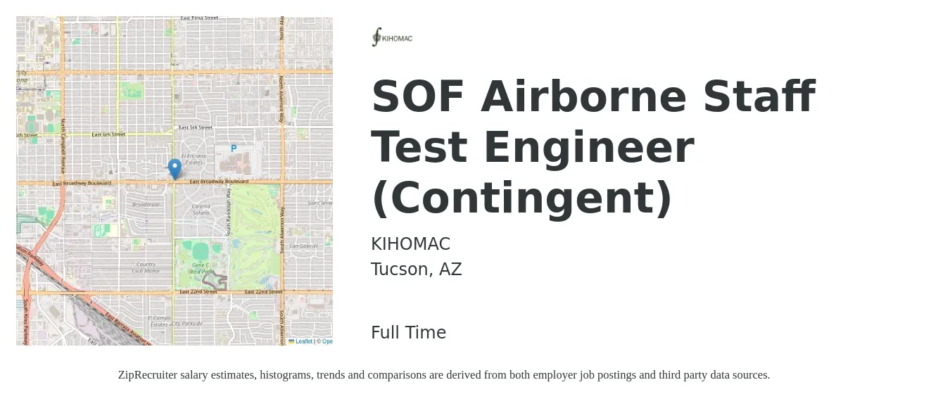 KIHOMAC job posting for a SOF Airborne Staff Test Engineer (Contingent) in Tucson, AZ with a salary of $33 to $52 Hourly with a map of Tucson location.