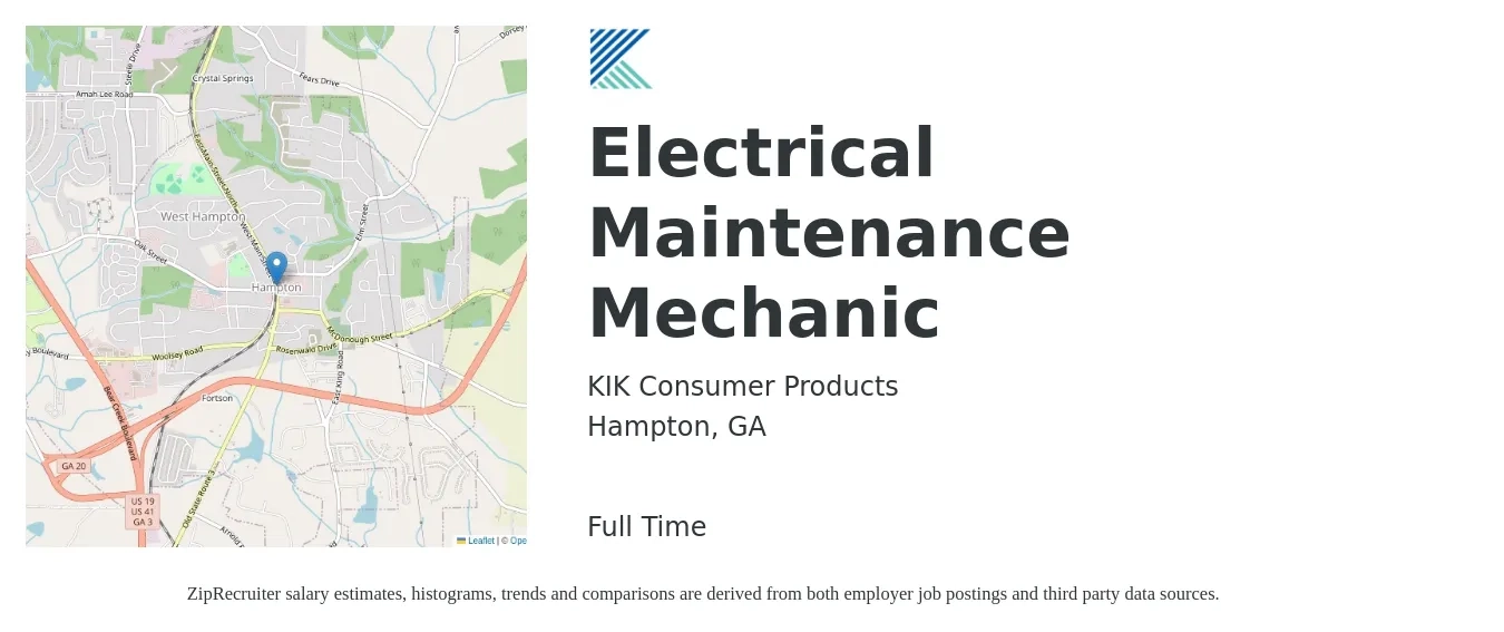 KIK Consumer Products job posting for a Electrical Maintenance Mechanic in Hampton, GA with a salary of $30 to $35 Hourly with a map of Hampton location.