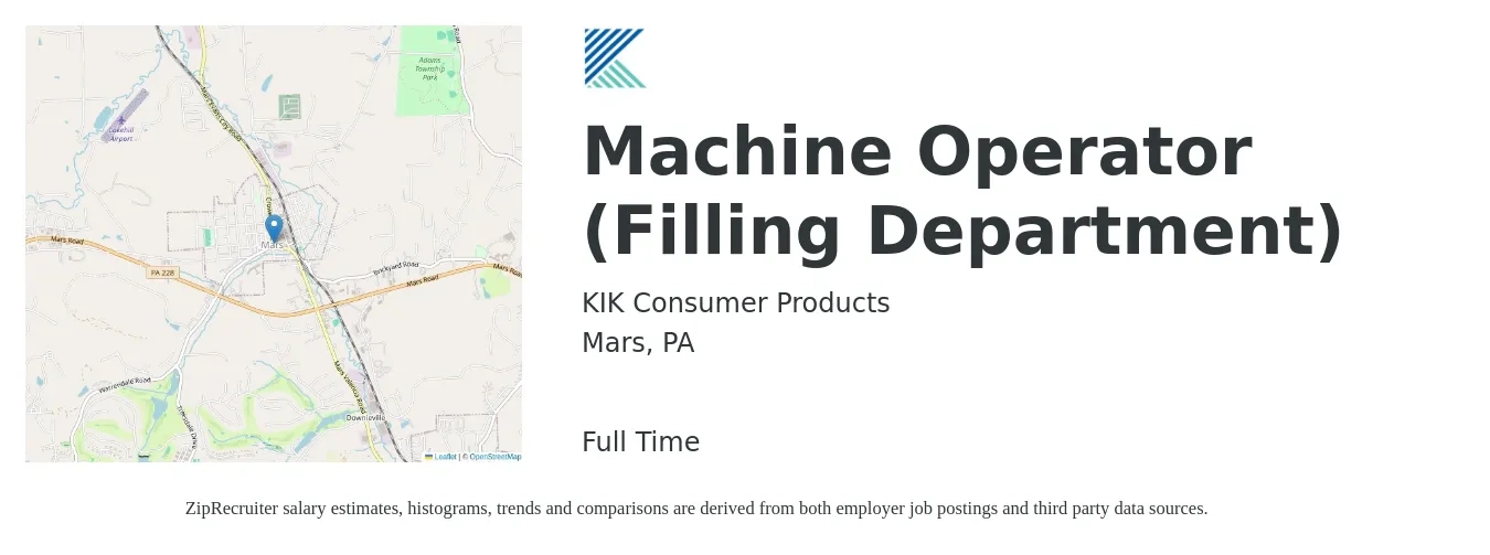 KIK Consumer Products job posting for a Machine Operator (Filling Department) in Mars, PA with a salary of $16 to $20 Hourly with a map of Mars location.