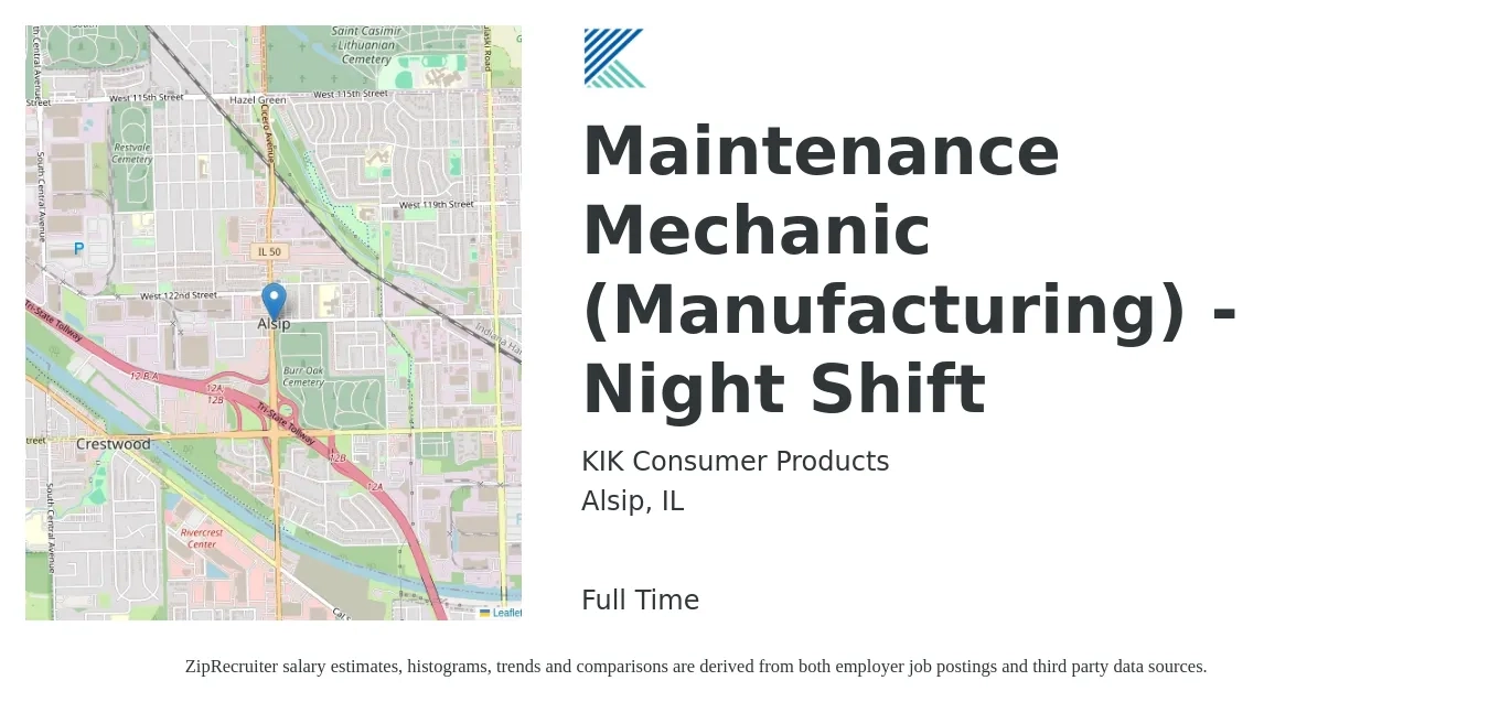 KIK Consumer Products job posting for a Maintenance Mechanic (Manufacturing) - Night Shift in Alsip, IL with a salary of $27 Hourly with a map of Alsip location.