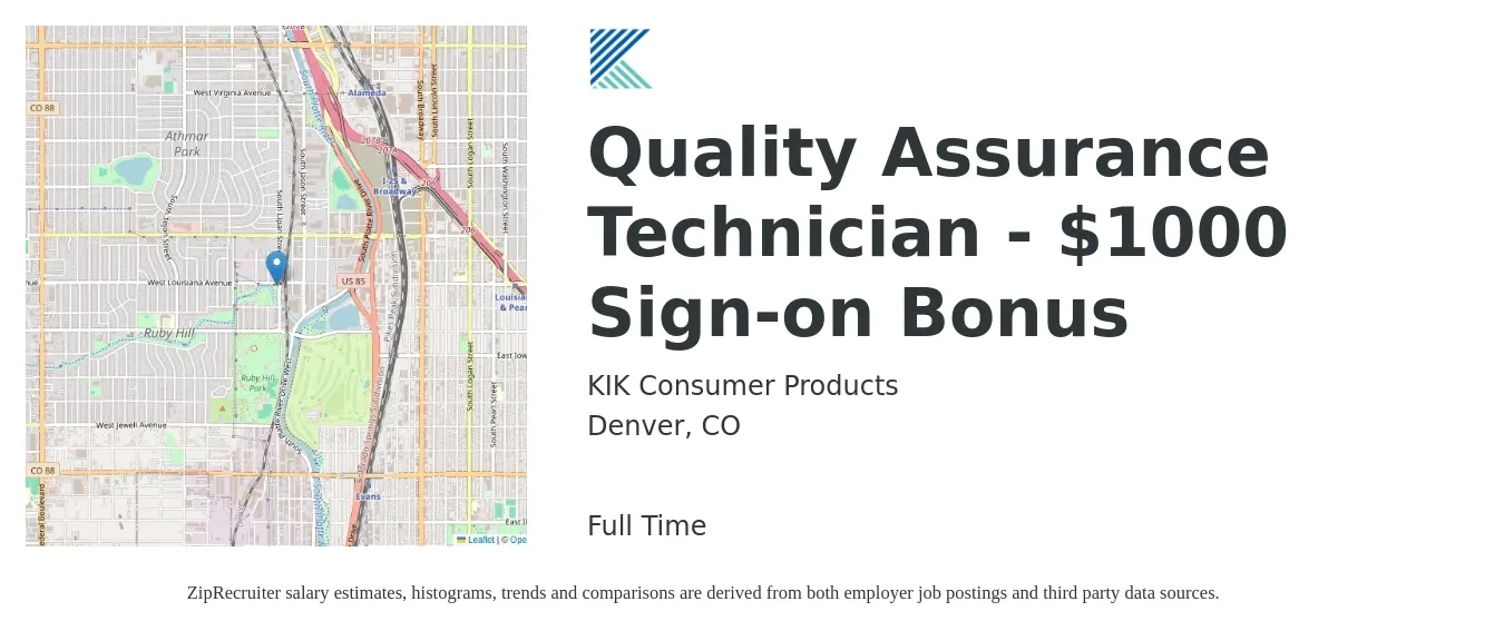 KIK Consumer Products job posting for a Quality Assurance Technician - $1000 Sign-on Bonus in Denver, CO with a salary of $19 to $26 Hourly with a map of Denver location.