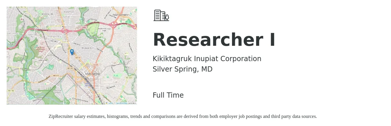 Kikiktagruk Inupiat Corporation job posting for a Researcher I in Silver Spring, MD with a salary of $69,100 to $158,700 Yearly with a map of Silver Spring location.