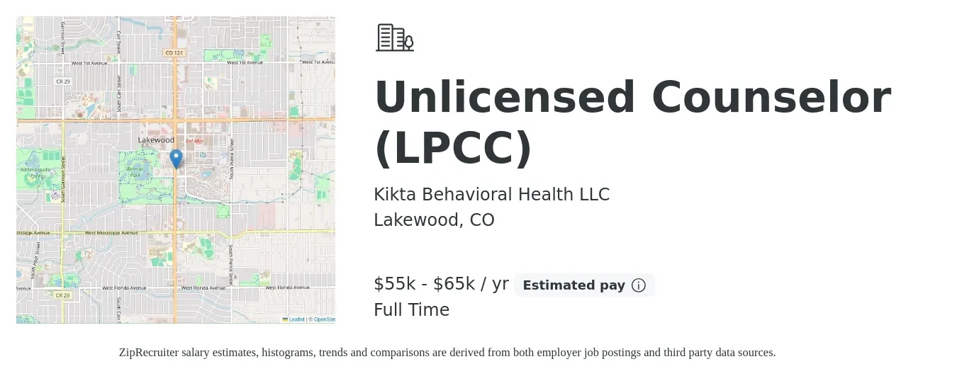 Kikta Behavioral Health LLC job posting for a Unlicensed Counselor (LPCC) in Lakewood, CO with a salary of $55,000 to $65,000 Yearly with a map of Lakewood location.