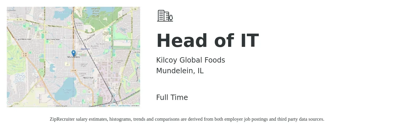 Kilcoy Global Foods job posting for a Head of IT in Mundelein, IL with a salary of $109,200 to $160,300 Yearly with a map of Mundelein location.