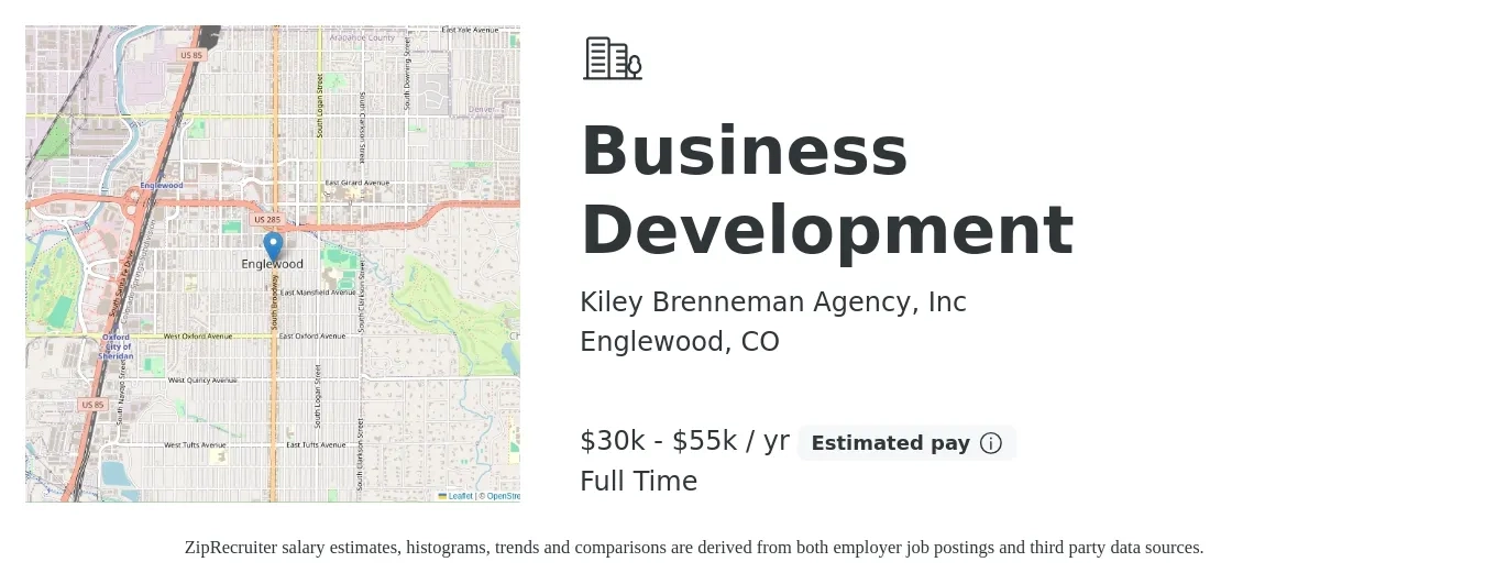 Kiley Brenneman Agency, Inc job posting for a Business Development in Englewood, CO with a salary of $30,000 to $55,000 Yearly with a map of Englewood location.