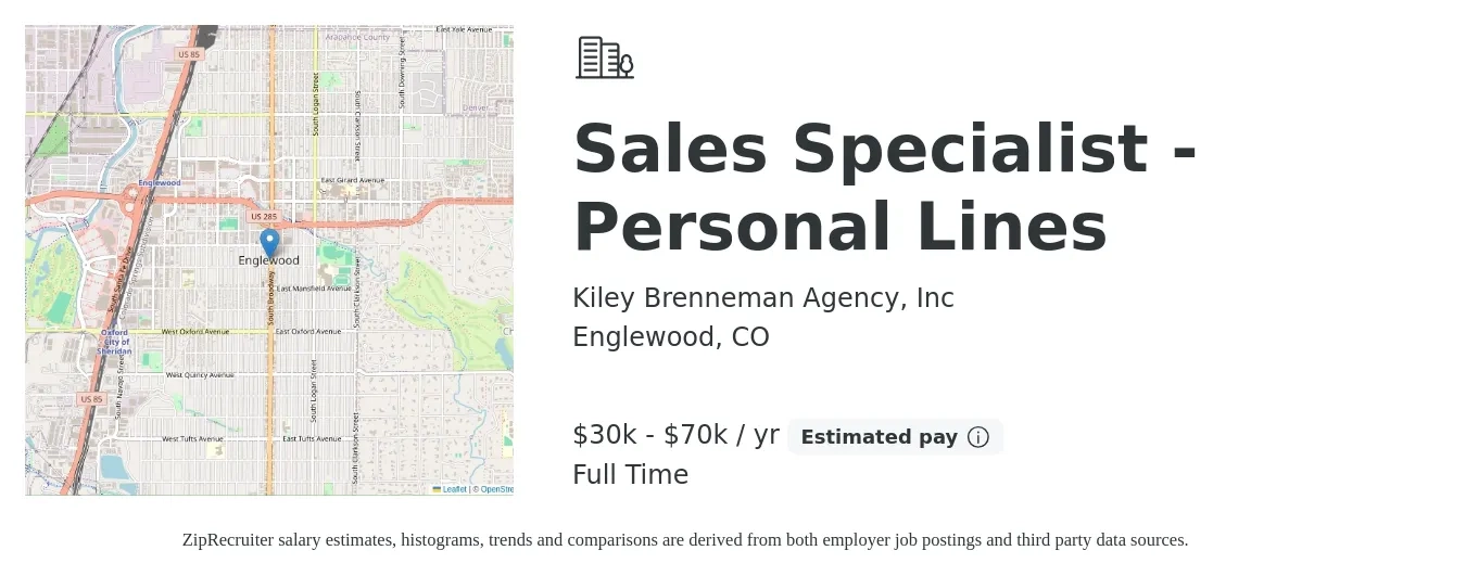 Kiley Brenneman Agency, Inc job posting for a Sales Specialist - Personal Lines in Englewood, CO with a salary of $30,000 to $70,000 Yearly with a map of Englewood location.