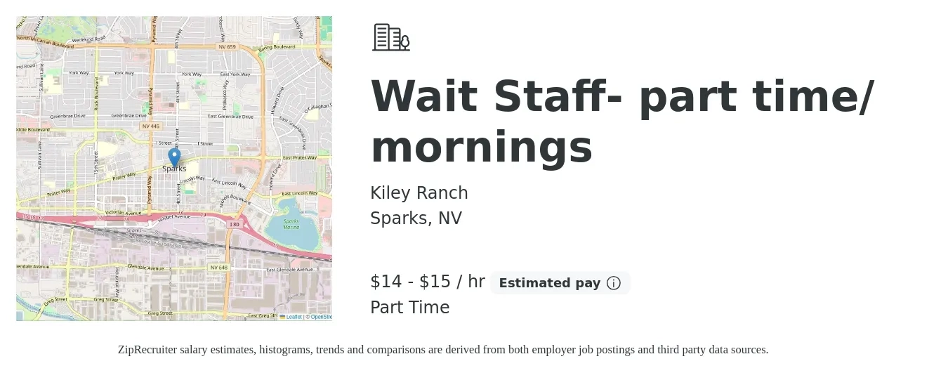 Kiley Ranch job posting for a Wait Staff- part time/ mornings in Sparks, NV with a salary of $15 to $16 Hourly with a map of Sparks location.