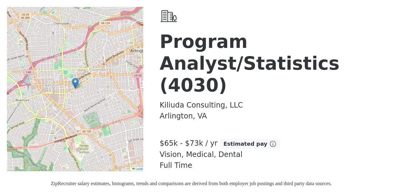 Kiliuda Consulting, LLC job posting for a Program Analyst/Statistics (4030) in Arlington, VA with a salary of $65,000 to $73,000 Yearly and benefits including retirement, vision, dental, life_insurance, medical, and pto with a map of Arlington location.