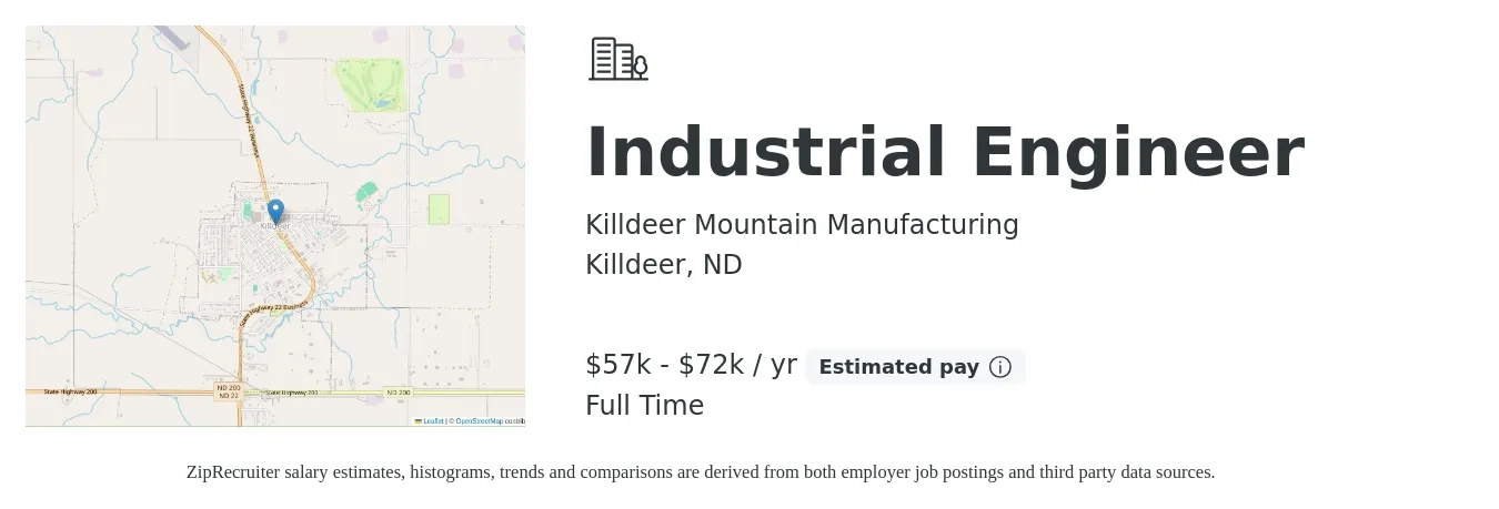 Killdeer Mountain Manufacturing job posting for a Industrial Engineer in Killdeer, ND with a salary of $57,200 to $72,800 Yearly with a map of Killdeer location.