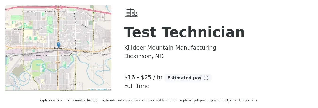 Killdeer Mountain Manufacturing job posting for a Test Technician in Dickinson, ND with a salary of $17 to $26 Hourly with a map of Dickinson location.