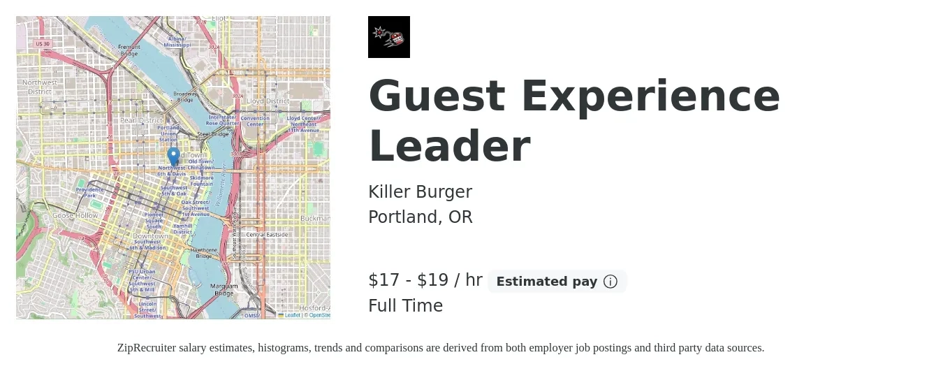 Killer Burger job posting for a Guest Experience Leader in Portland, OR with a salary of $18 to $20 Hourly with a map of Portland location.