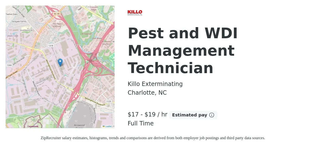 Killo Exterminating job posting for a Pest and WDI Management Technician in Charlotte, NC with a salary of $18 to $20 Hourly with a map of Charlotte location.