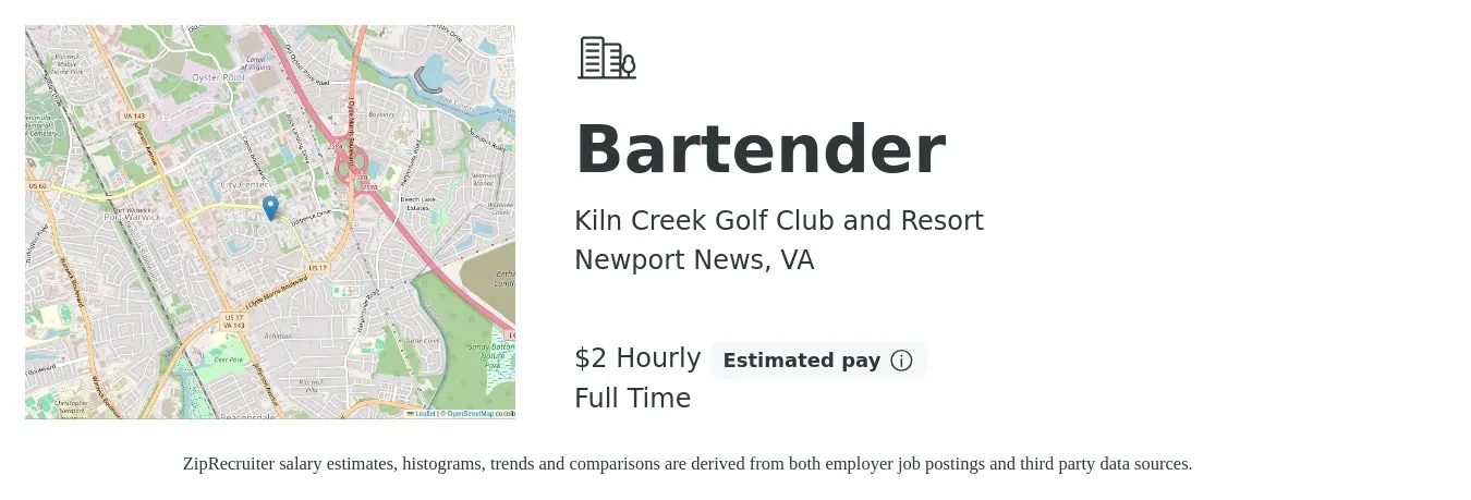 Kiln Creek Golf Club and Resort job posting for a Bartender in Newport News, VA with a salary of $9 to $17 Hourly with a map of Newport News location.