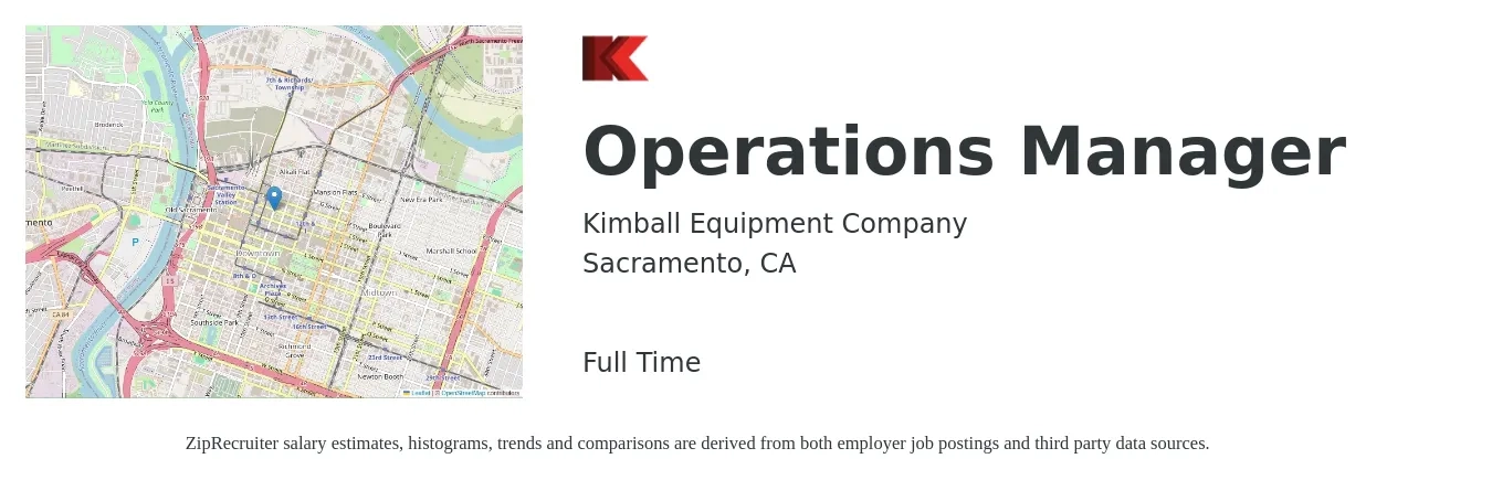 Kimball Equipment Company job posting for a Operations Manager in Sacramento, CA with a salary of $43,700 to $82,600 Yearly with a map of Sacramento location.
