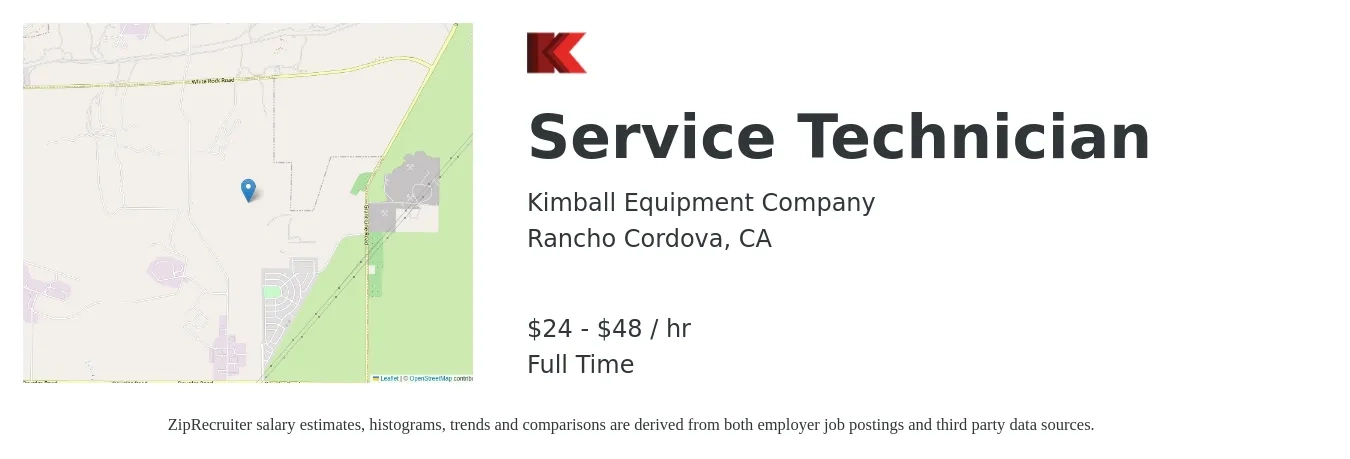 Kimball Equipment Company job posting for a Service Technician in Rancho Cordova, CA with a salary of $25 to $50 Hourly with a map of Rancho Cordova location.